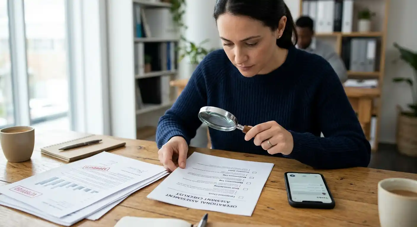 Prüfung einer Checkliste für Jackpot Casinos mit Lupe und Dokumenten