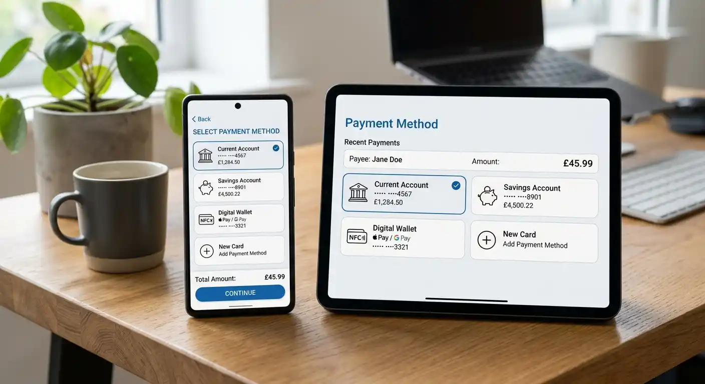 Klarna-Logo und Sofort-Logo nebeneinander mit Smartphone Banking-App