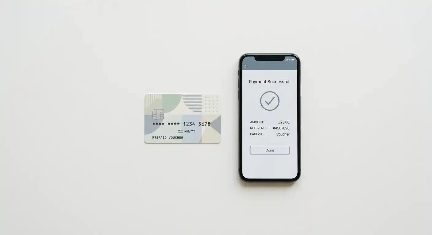 Prepaid-Gutschein neben einem Smartphone auf einer hellen Oberfläche