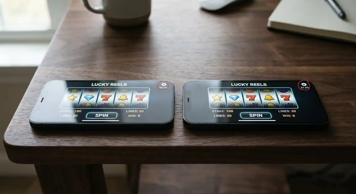 Zwei nebeneinander liegende Smartphone-Bildschirme mit identischem Spiel aber unterschiedlichen RTP-Werten