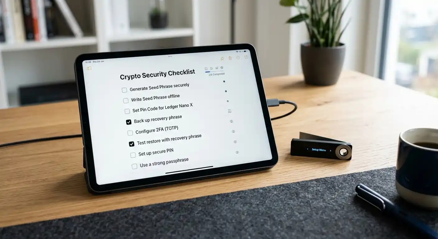 Checkliste auf Tablet-Bildschirm neben Krypto-Wallet