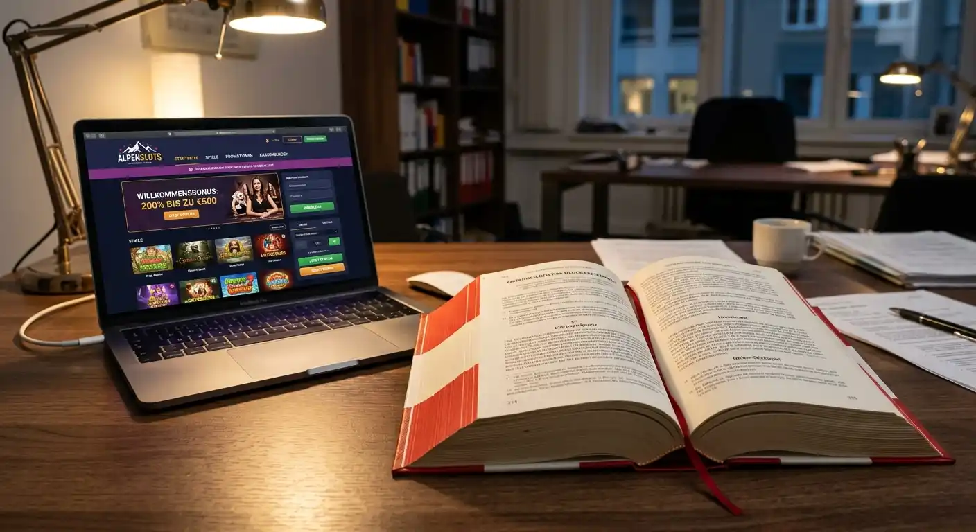 Österreichisches Gesetzbuch und Laptop mit Offshore-Casino-Webseite