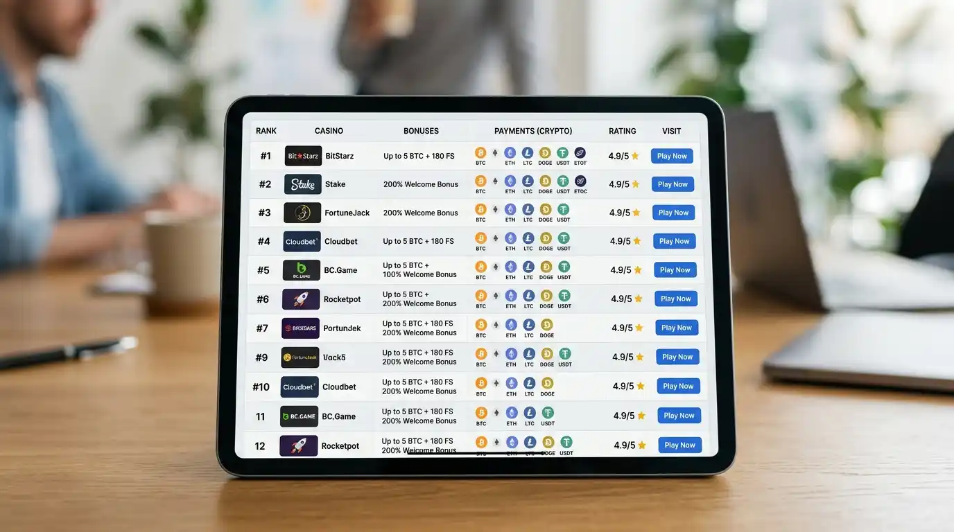 Vergleichstabelle verschiedener Krypto-Casinos auf Tablet-Bildschirm