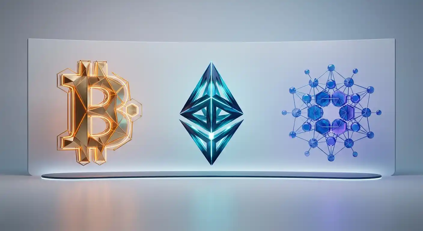 Vergleichsgrafik zwischen Cardano-, Bitcoin- und Ethereum-Logos auf neutralem Hintergrund