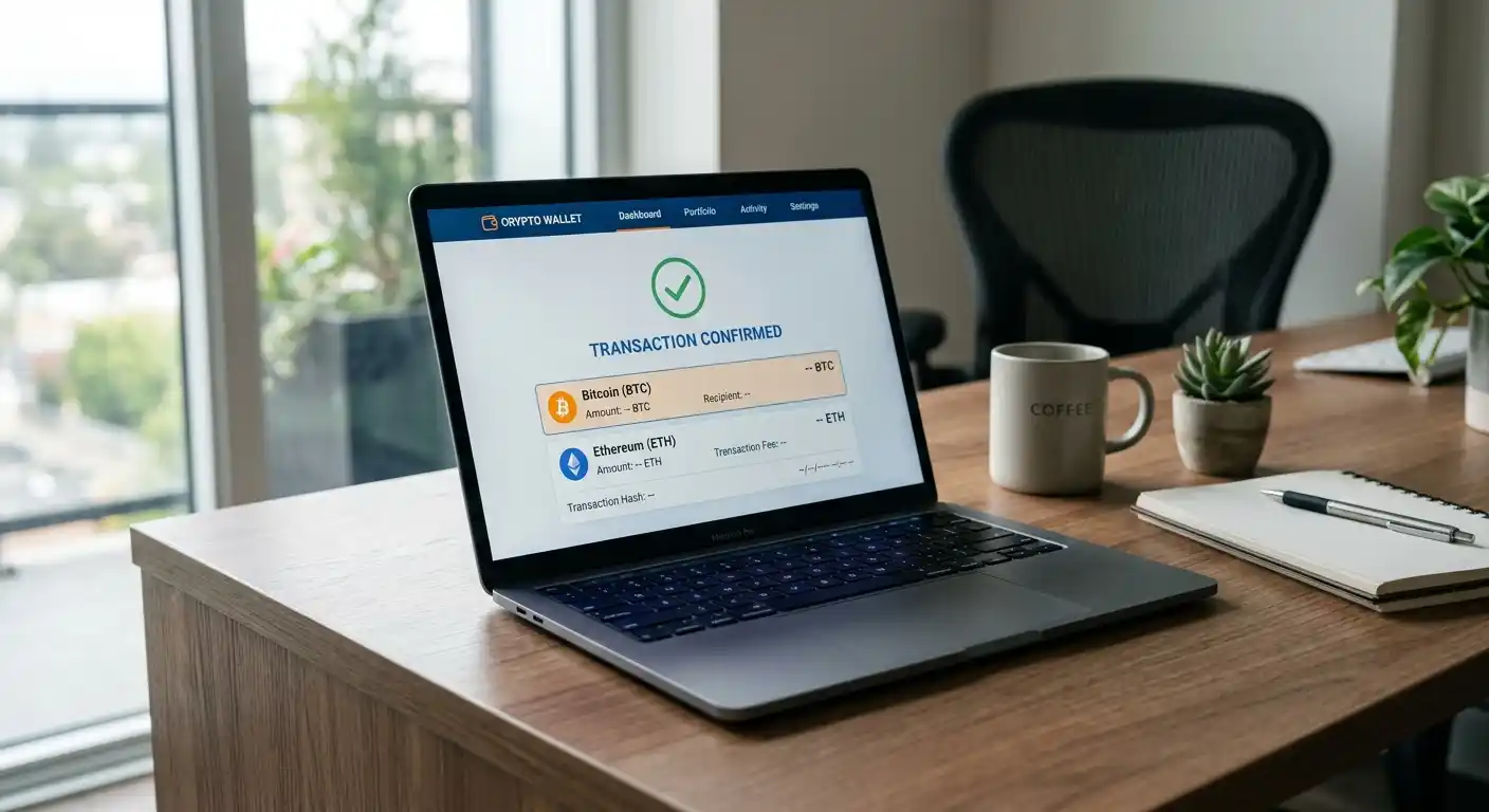 Bitcoin und Ethereum Symbole auf Laptop-Bildschirm mit Krypto-Wallet-Interface