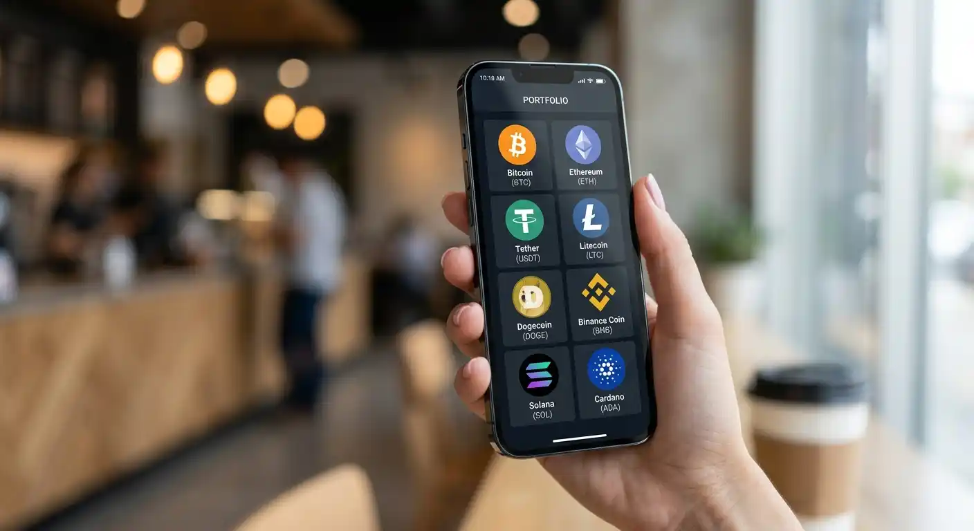 Verschiedene Kryptowährungs-Symbole auf Smartphone-Bildschirm