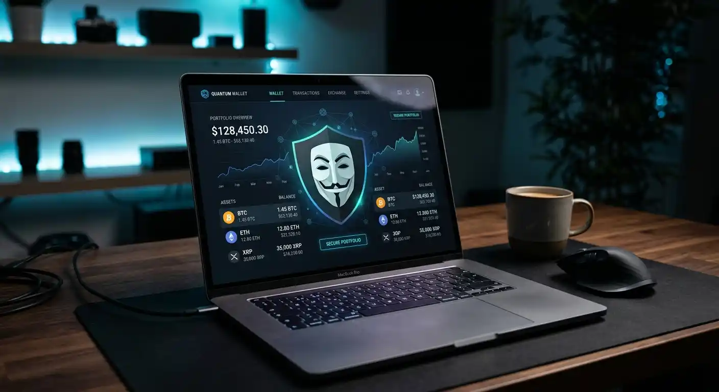 Laptop mit anonymer Maske-Grafik und Wallet-Interface