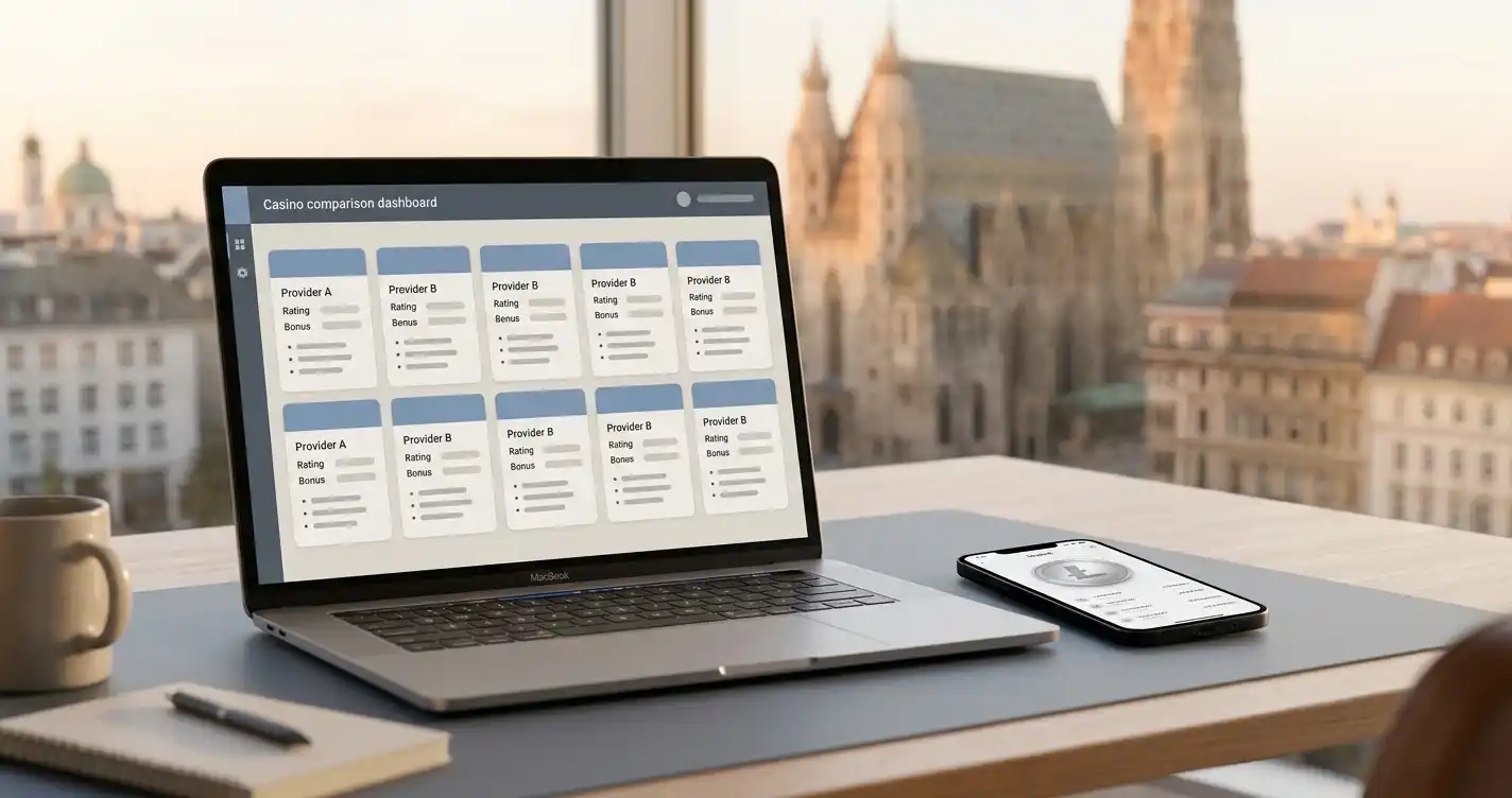 Litecoin-Casino-Vergleich für Österreich mit Laptop, Wallet und österreichischem Hintergrund