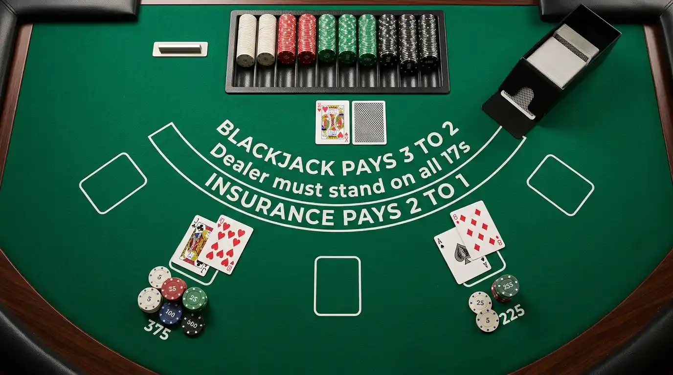 Blackjack-Tisch aus der Vogelperspektive mit Karten, Jetons und klarer Filzmarkierung