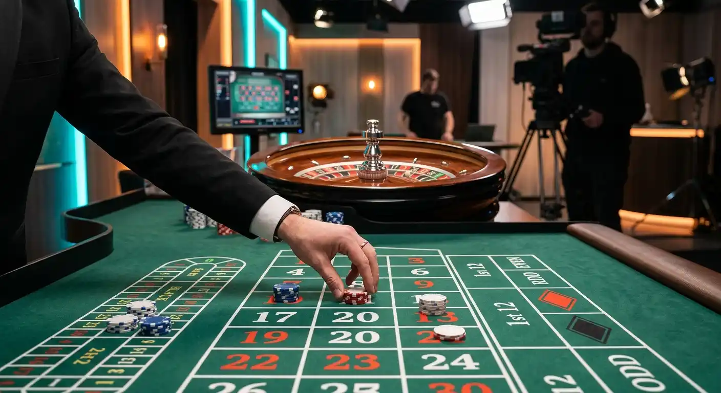 Live-Casino-Tisch mit Roulette-Rad und Dealer-Hand im dunklen Studio