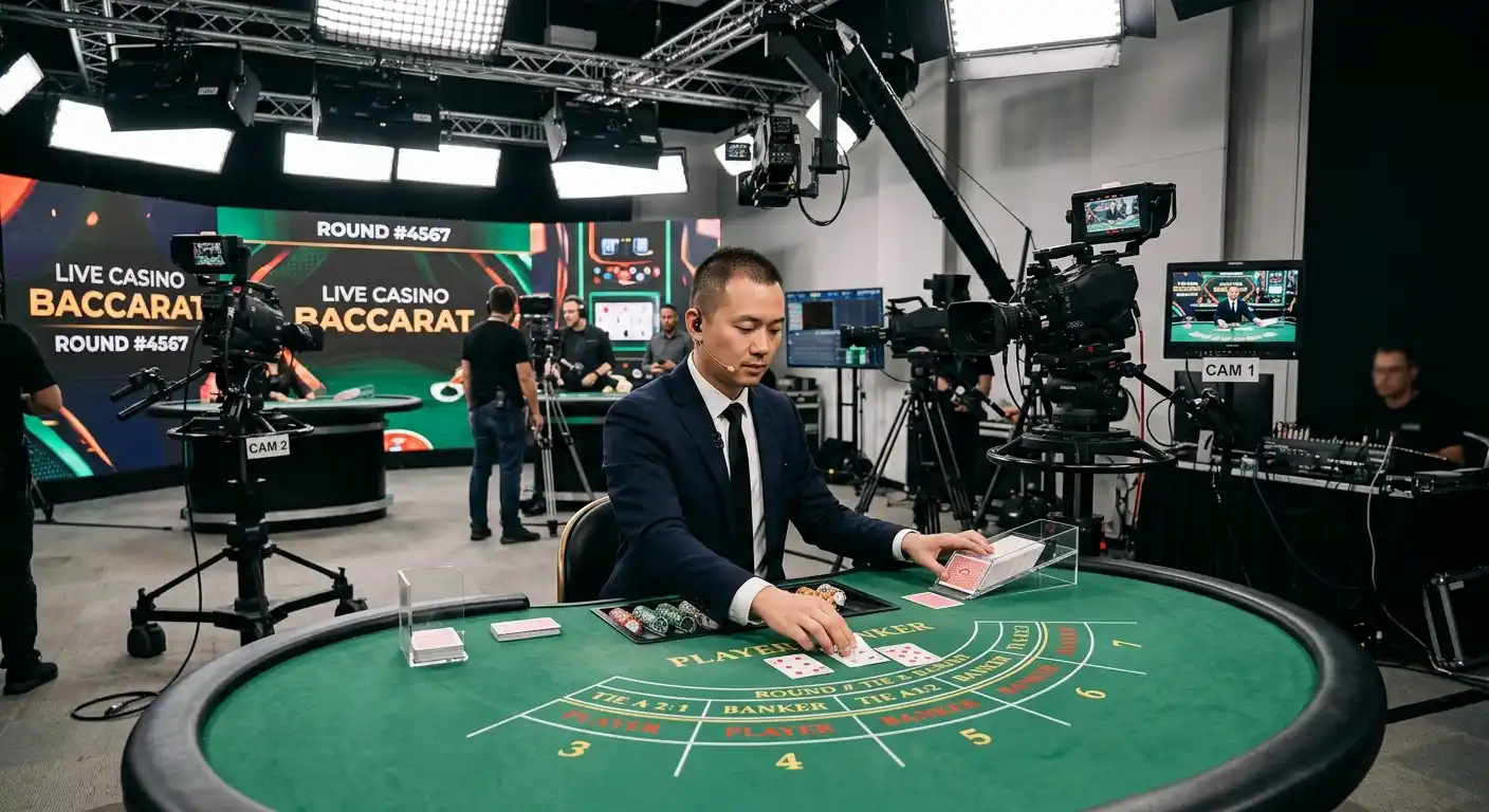 Live-Dealer beim Punto Banco Tisch mit HD-Kamera-Setup im Studio