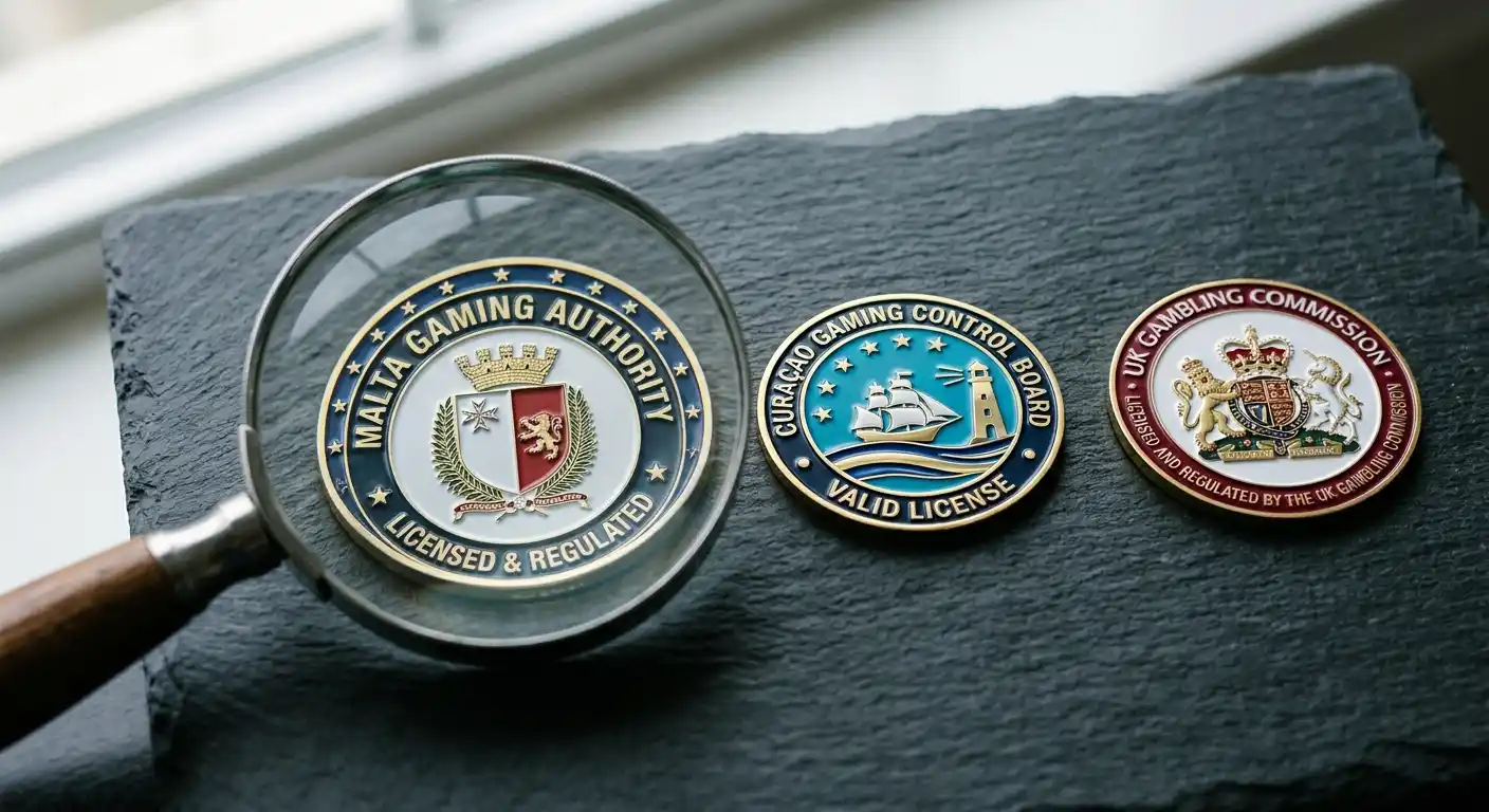 Lizenzsiegel von MGA, Curaçao GCB und UKGC auf dunklem Schreibtisch mit Lupe