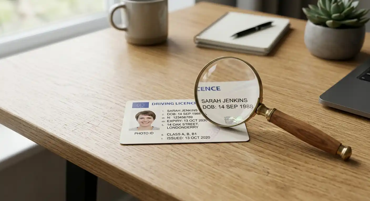 Lizenzdokument und Lupe auf neutralem Schreibtisch