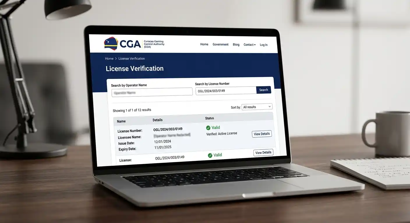 Detailansicht eines Laptop-Bildschirms mit geöffnetem Curaçao CGA-Portal und Lizenzverifizierungsseite