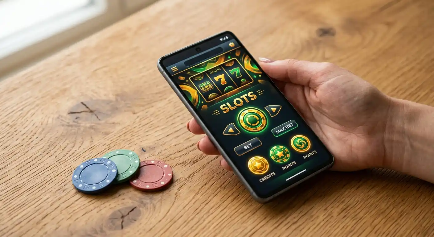 Smartphone mit Casino-Oberfläche und Pokerchips auf einer Holzoberfläche