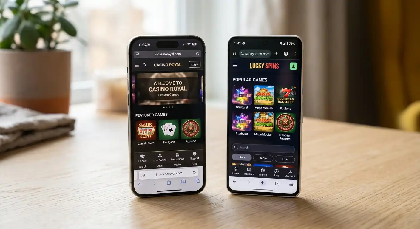 Smartphones mit Casino-Oberflächen im mobilen Browser nebeneinander