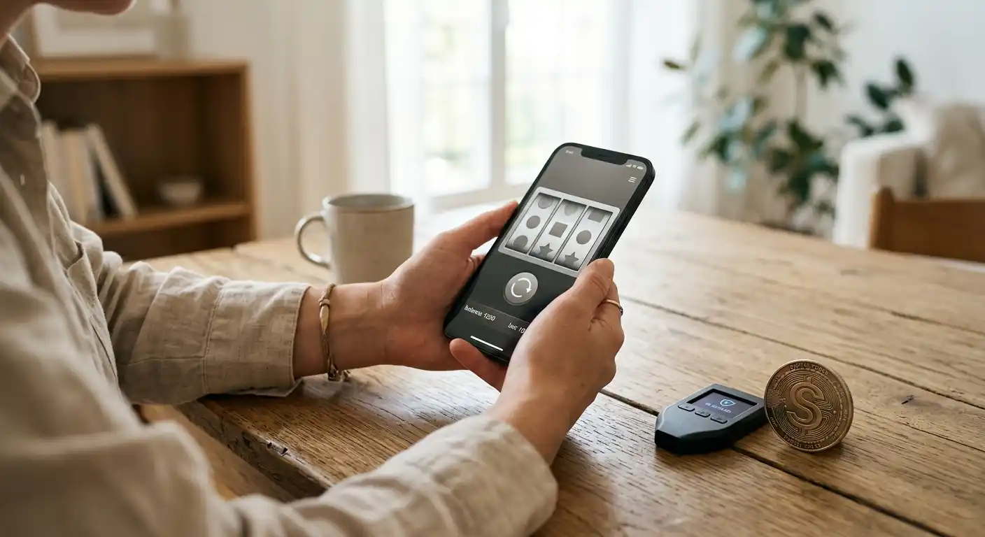 Smartphone mit neutraler Spieloberfläche neben Hardware-Wallet auf Holztisch