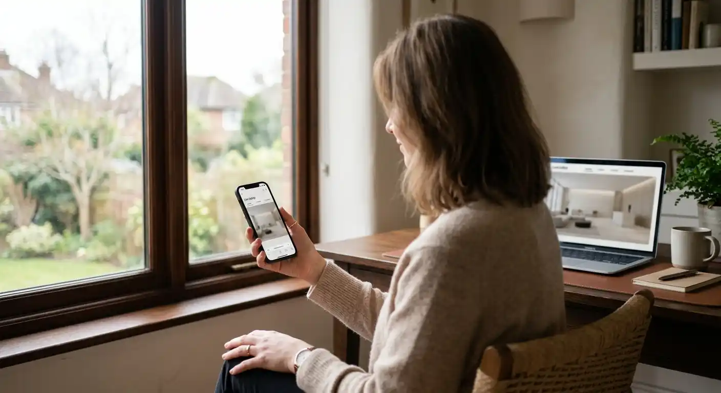 Person mit Smartphone am Fenster, daneben Laptop mit Live-Lobby