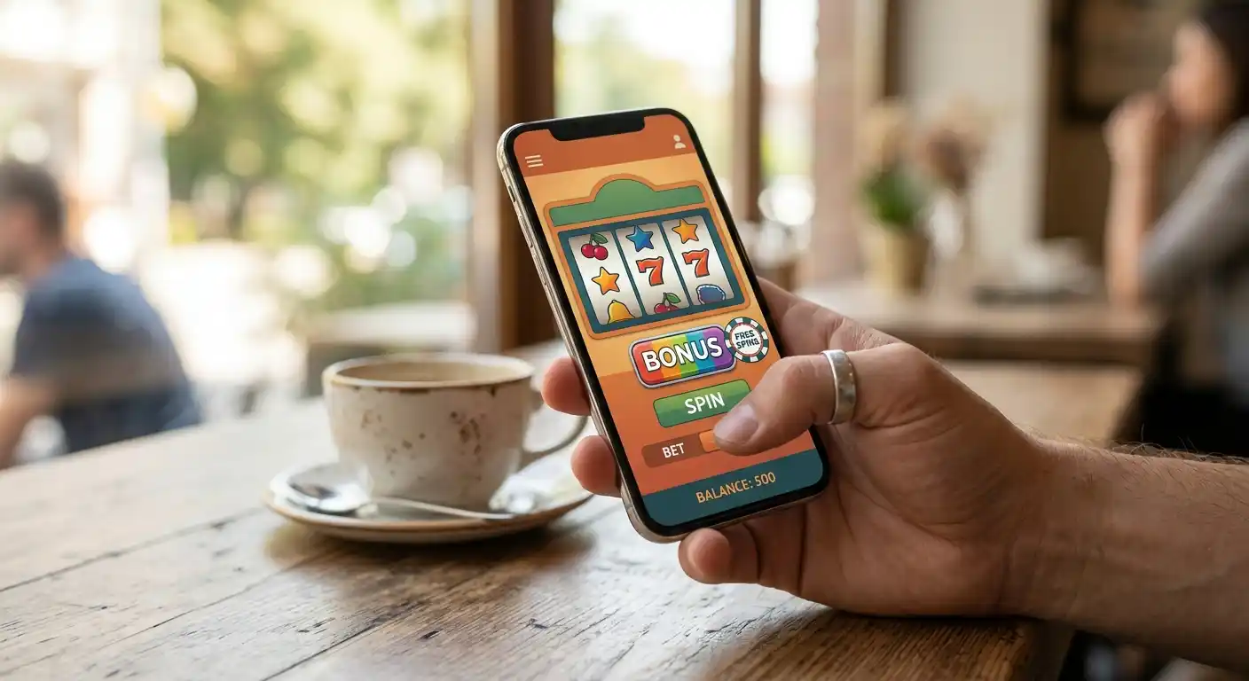 Hand hält Smartphone mit generischer mobiler Casino-Oberfläche und abstraktem Bonus-Badge