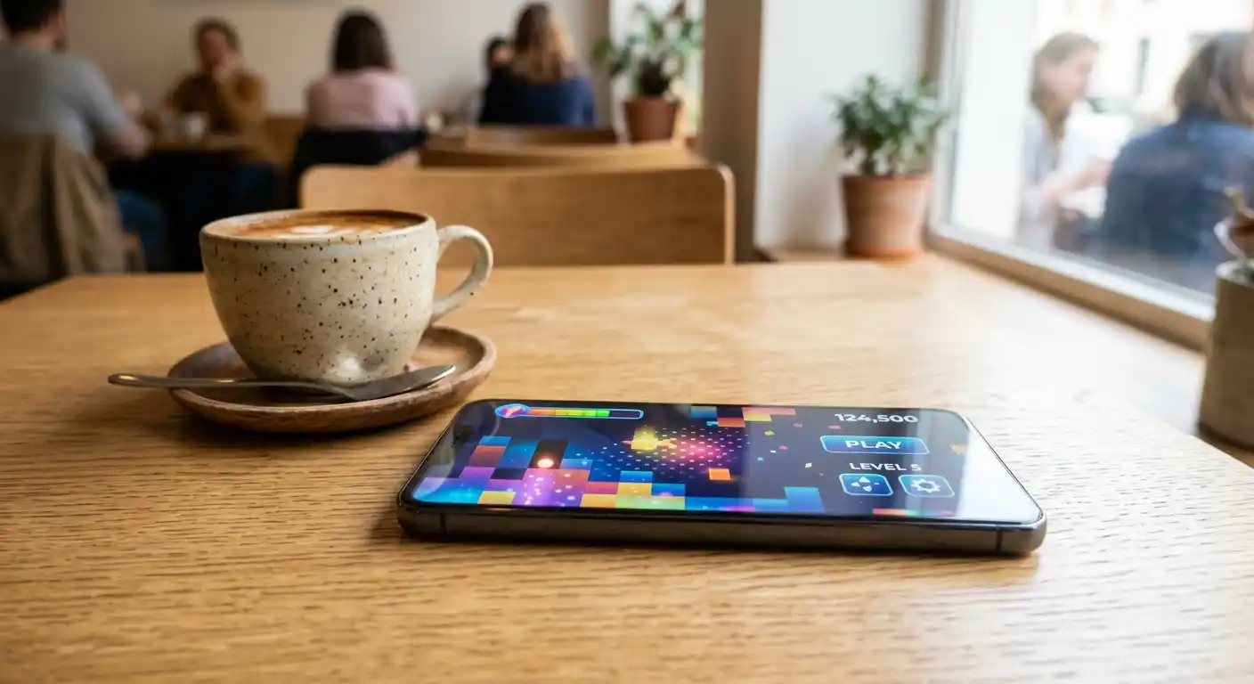 Smartphone auf einem Tisch mit hellem Bildschirm, natürliche Umgebung