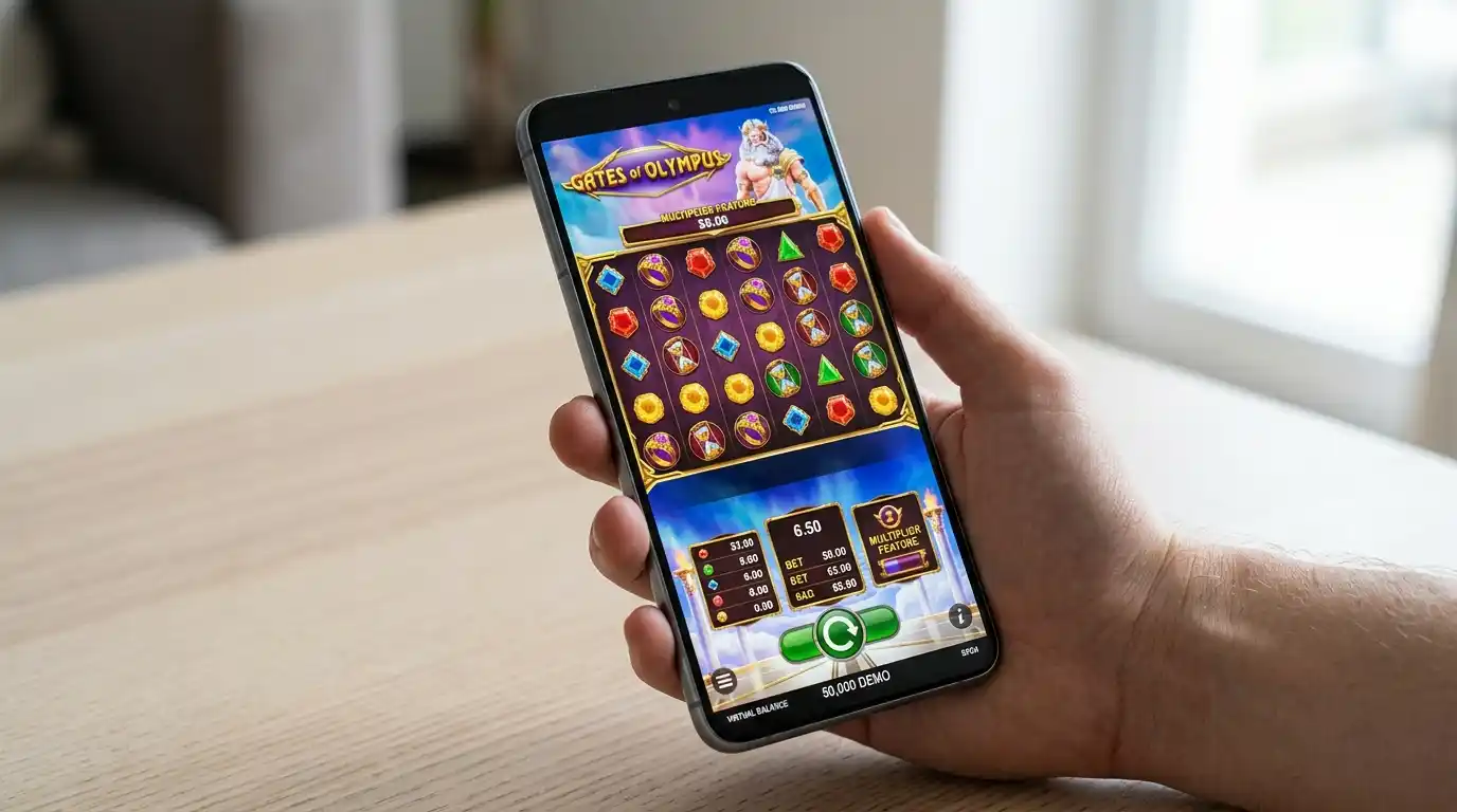 Smartphone im Hochformat zeigt Gates of Olympus Demo ohne Login-Screen