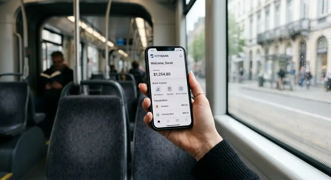 Hand mit Smartphone in einer Straßenbahn, auf dem Bildschirm eine generische Casino-Oberfläche ohne Logos