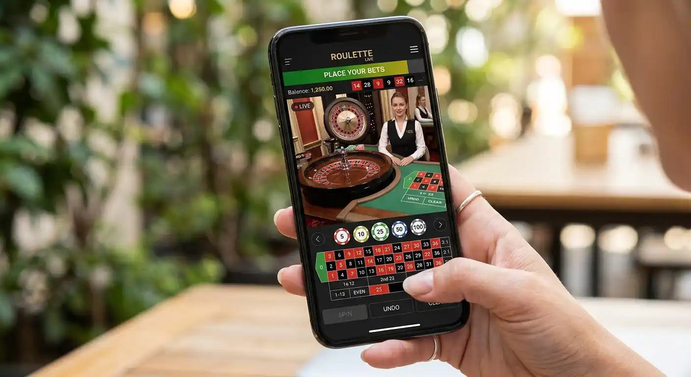 Smartphone mit Live-Roulette-Spiel auf dem Display in einer Hand