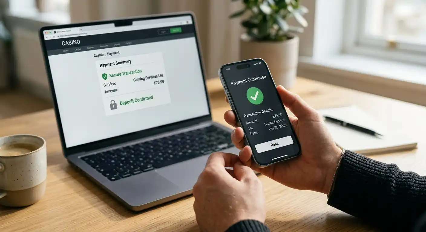 Person hält Smartphone mit geöffneter Zahlungs-App über Laptop mit Casino-Webseite
