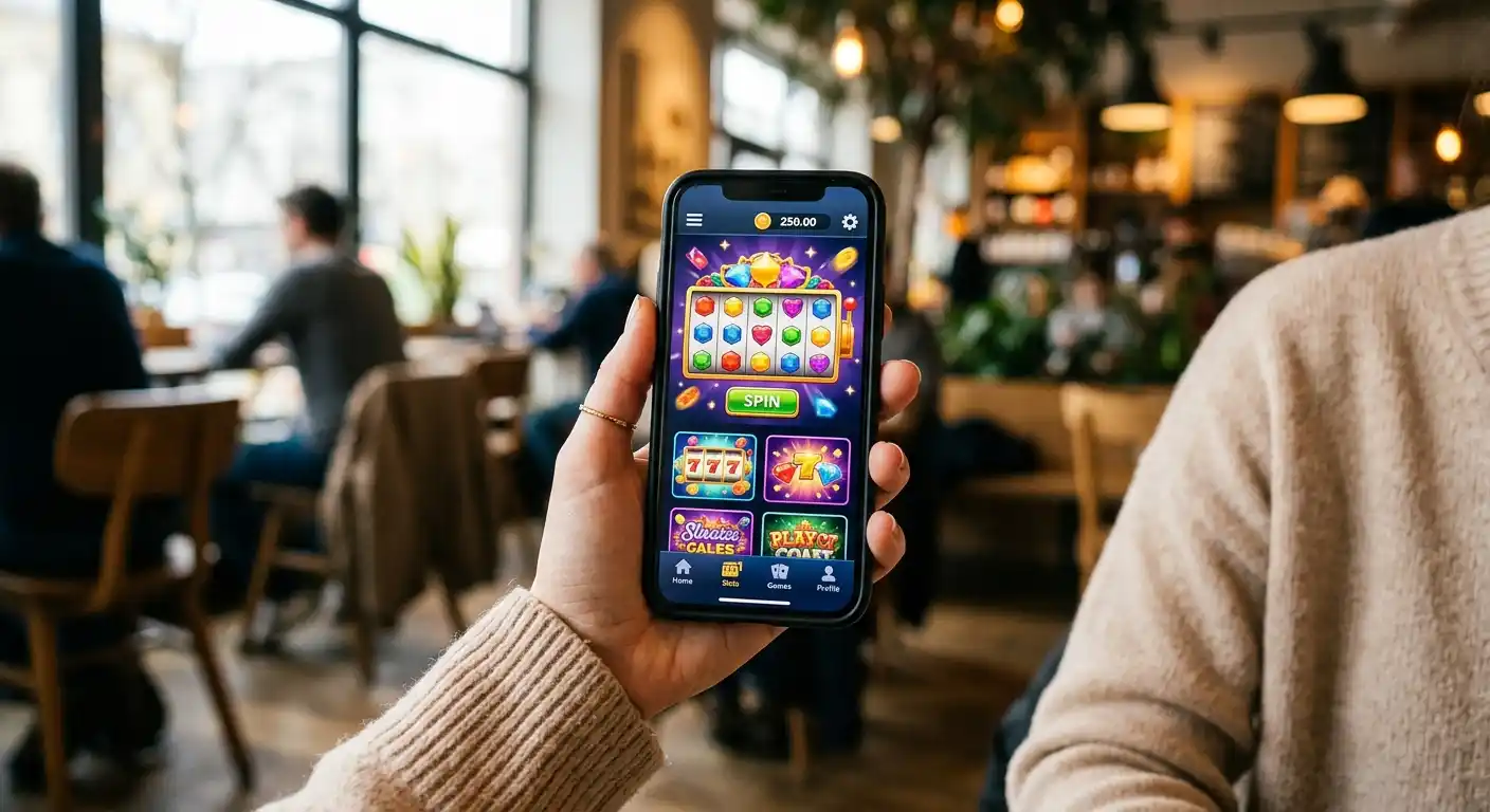 Hand hält ein Smartphone mit abstrakter Casino-Oberfläche vor unscharfem Café-Hintergrund