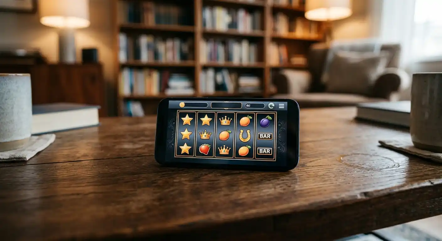 Smartphone mit neutraler Casino-Oberfläche auf Couchtisch in gemütlichem Ambiente