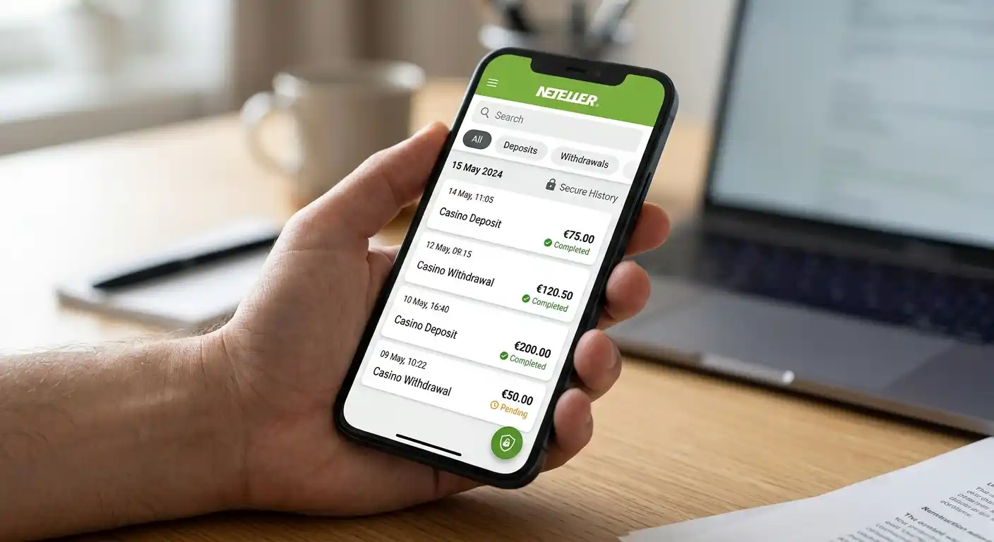 Smartphone mit digitaler Neteller E-Wallet-App und Transaktionshistorie