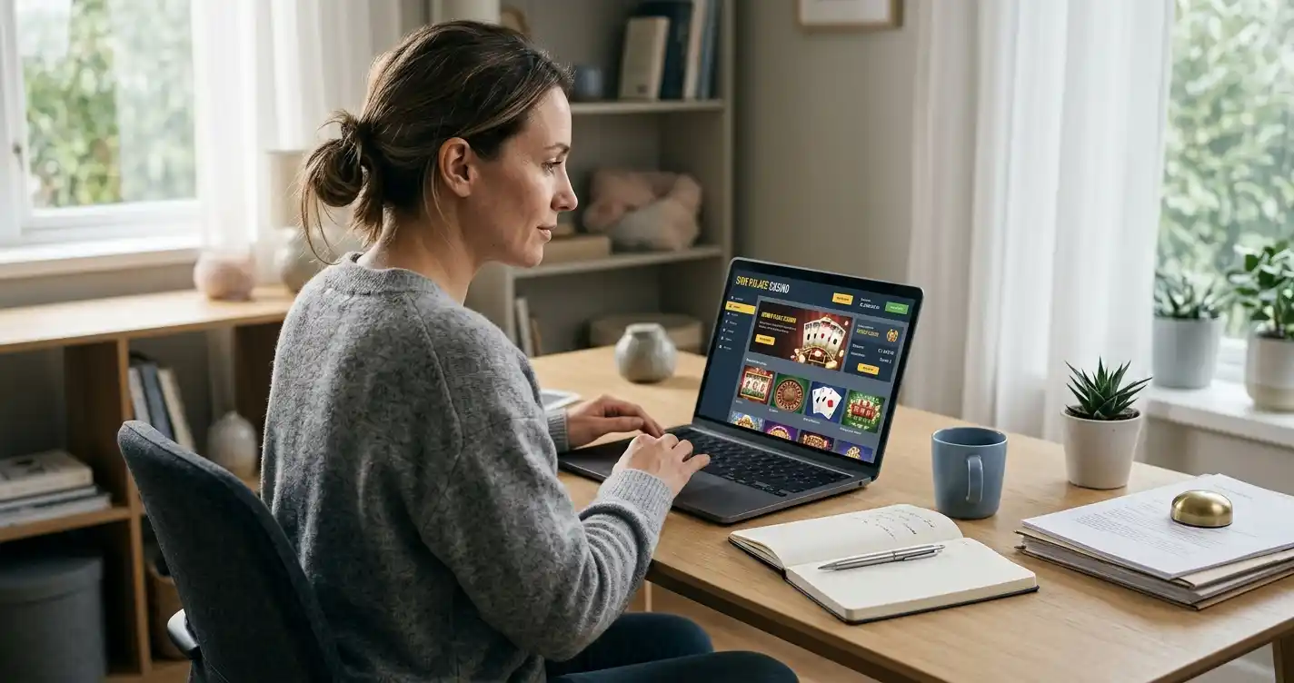 Spielerin prüft österreichische Casino-Lizenz am Laptop in heller Wohnung