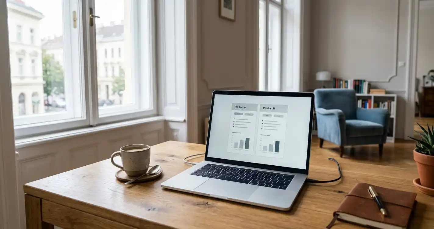 Laptop auf einem Wiener Schreibtisch mit geöffnetem Casino-Vergleich und einer Tasse Kaffee