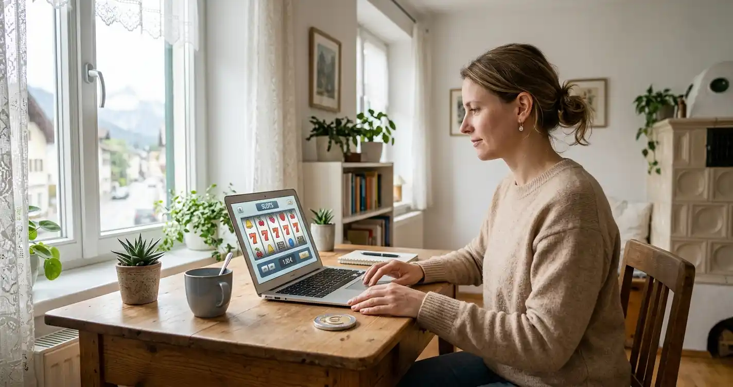 Österreichischer Spieler am Schreibtisch mit Laptop und Euro-Symbol neben der Tastatur