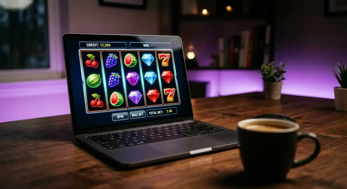 Laptop zeigt generische Slot-Walzen mit bunten Frucht- und Edelstein-Symbolen bei LED-Hintergrundbeleuchtung