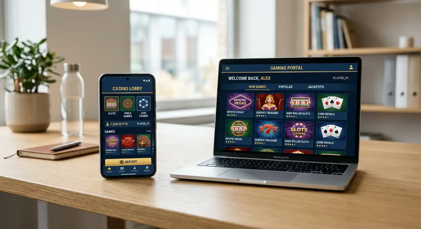 Smartphone und Laptop nebeneinander mit neutralen Casino-Oberflächen ohne erkennbare Markenlogos