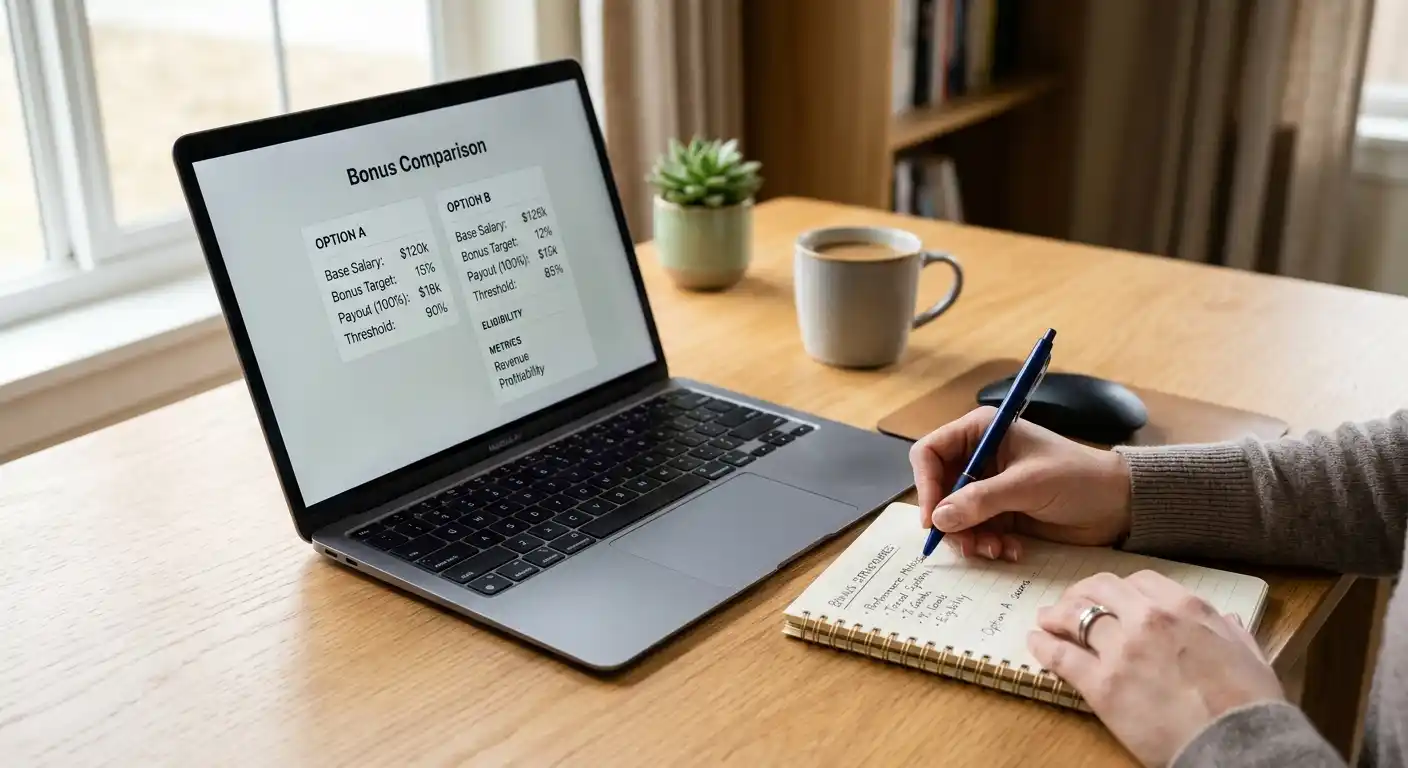 Hand, die mit einem Kugelschreiber Notizen neben einem Laptop mit neutraler Bonusübersicht macht