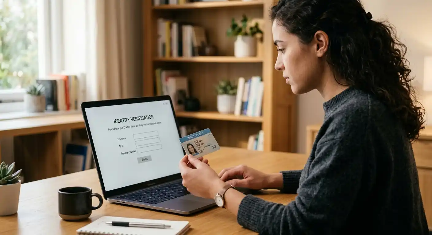 Person am Laptop, die ein Identitätsdokument neben dem Gerät bereithält, warme Raumbeleuchtung