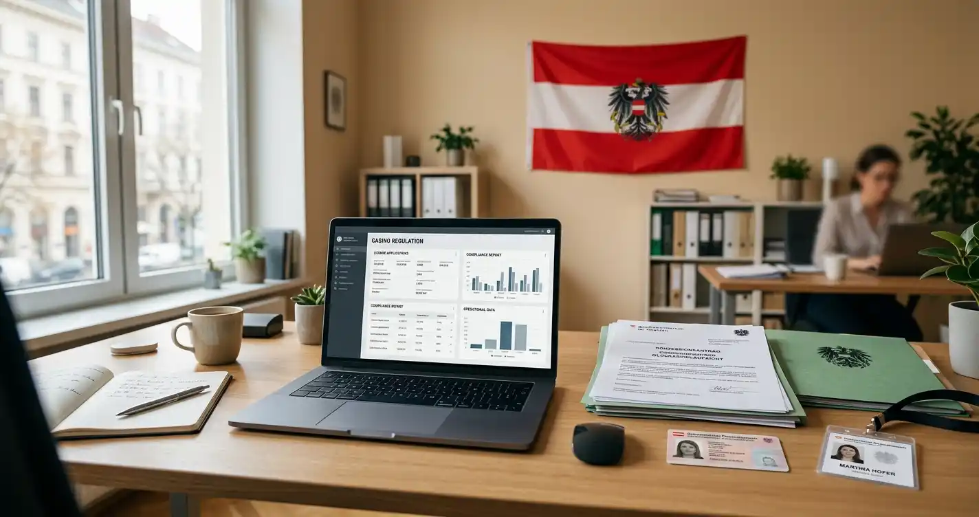 Österreichische Flagge und Casino-Dokumente auf Schreibtisch mit Laptop