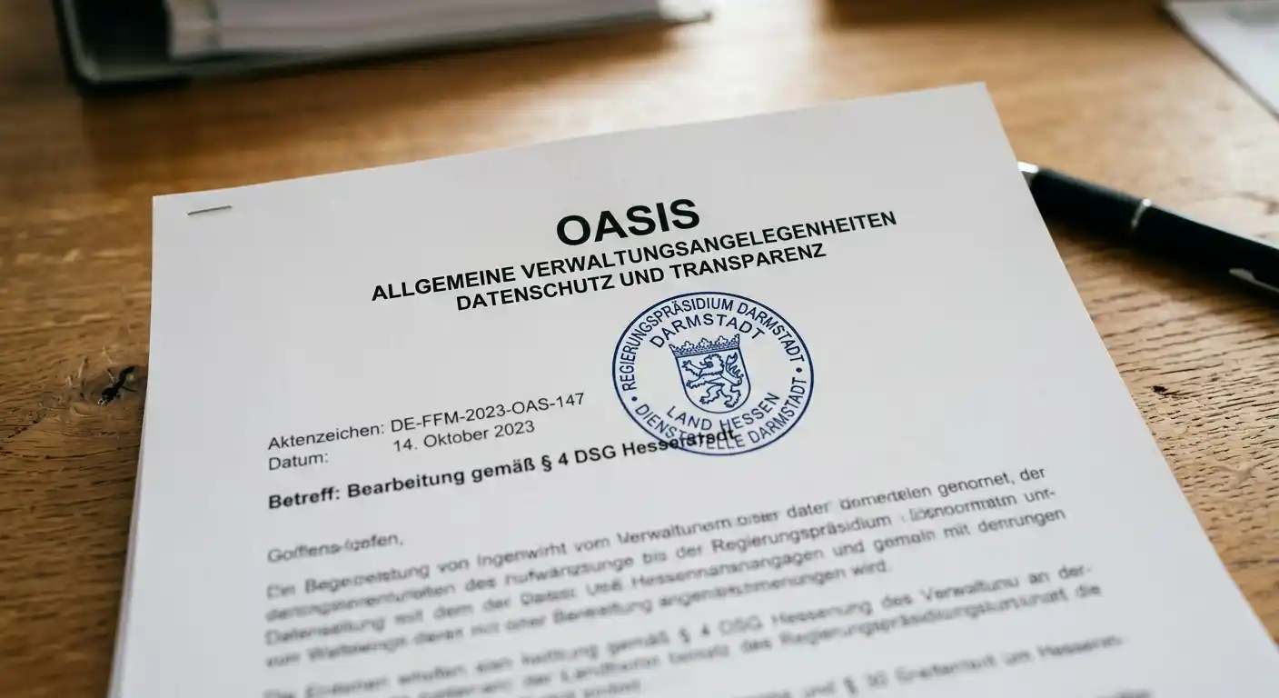 Offizielles Dokument mit OASIS-Logo und Stempel des Regierungspräsidiums Darmstadt