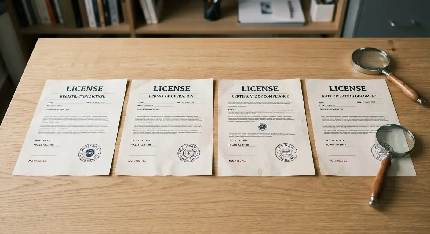 Neutrale Lizenzdokumente verschiedener Jurisdiktionen nebeneinander auf einem Holztisch
