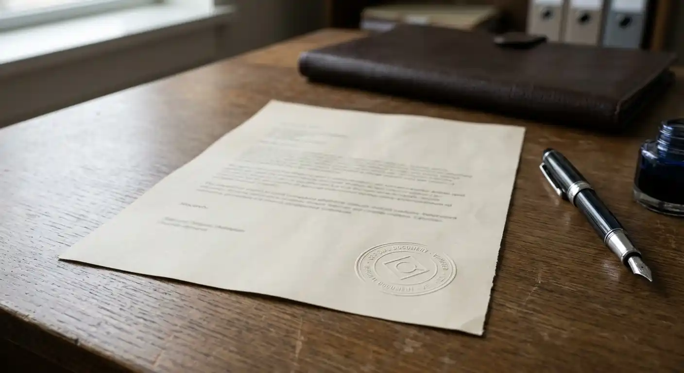 Neutrales Konzessionsdokument mit Stempel auf einem behördlichen Schreibtisch