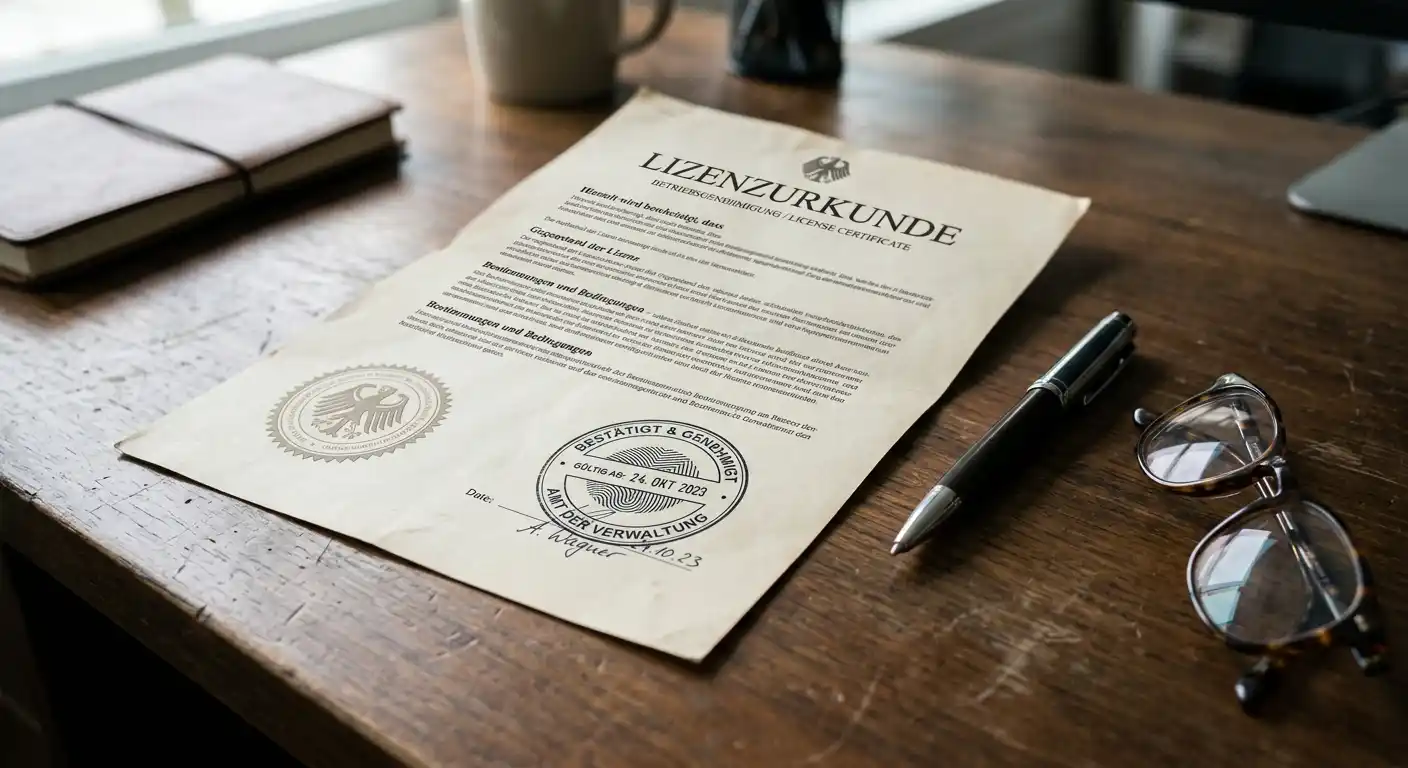 Offizielles Lizenzdokument auf Schreibtisch mit Stempel und Brille daneben