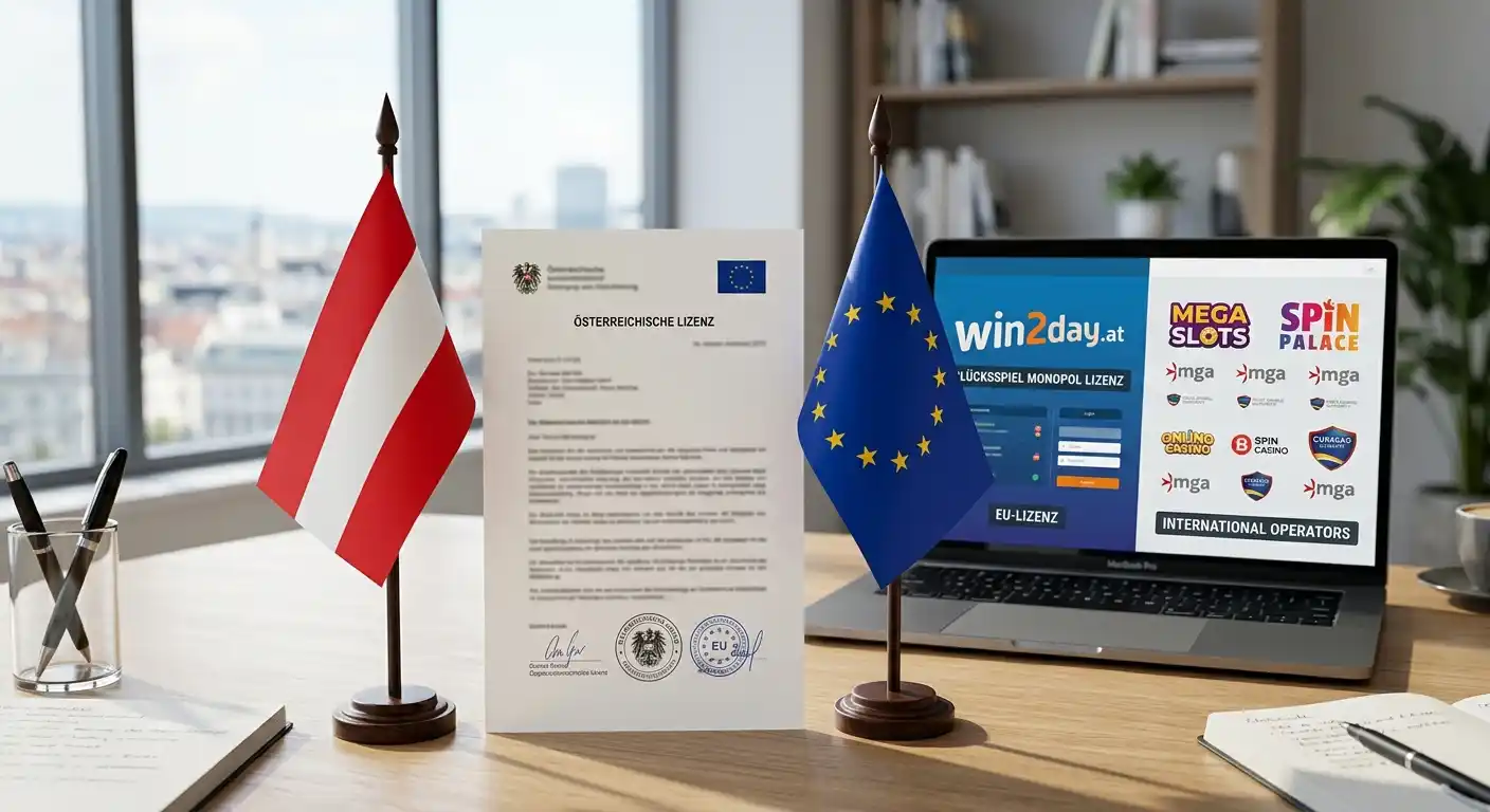Österreichische Flagge und EU-Flagge neben einem Lizenz-Dokument auf einem Schreibtisch