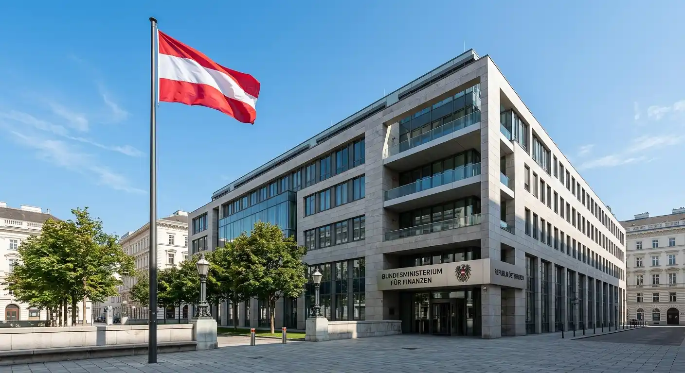 Österreichische Flagge und Bundesministerium für Finanzen Gebäude in Wien
