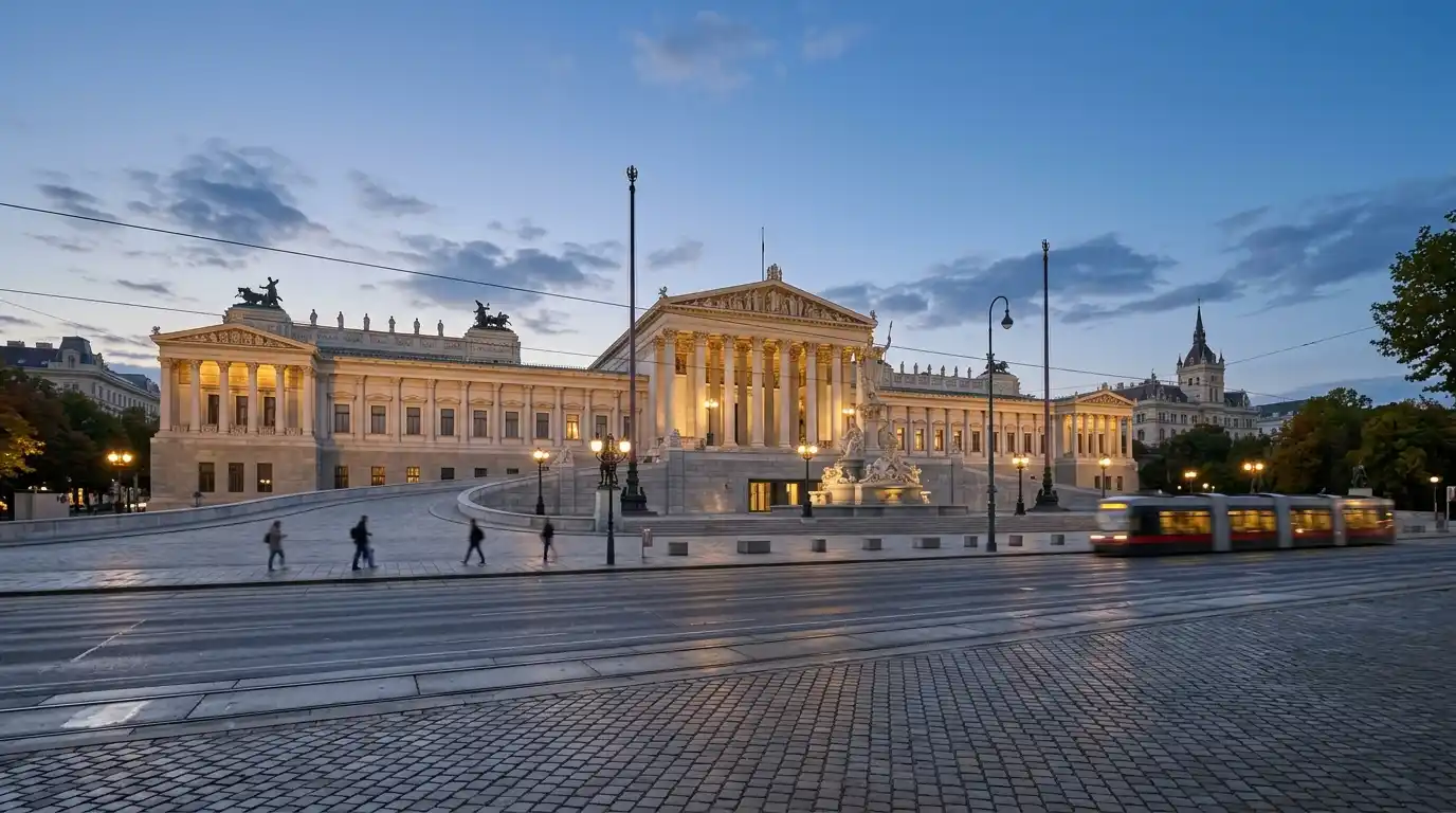 Blick auf die Wiener Innenstadt mit dem Parlament im Hintergrund, ruhiges Abendlicht, keine Logos oder Beschriftungen
