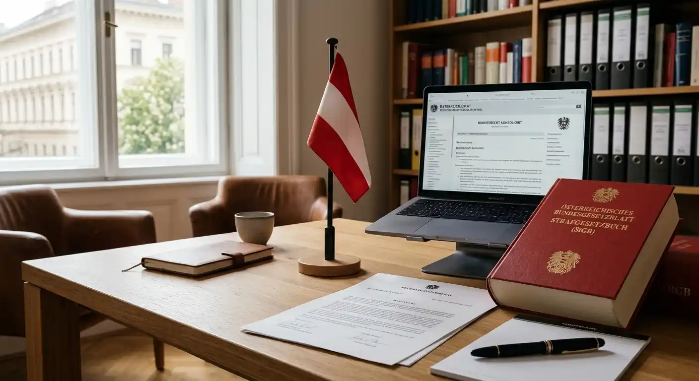 Österreichische Flagge und Gesetzbuch auf Schreibtisch