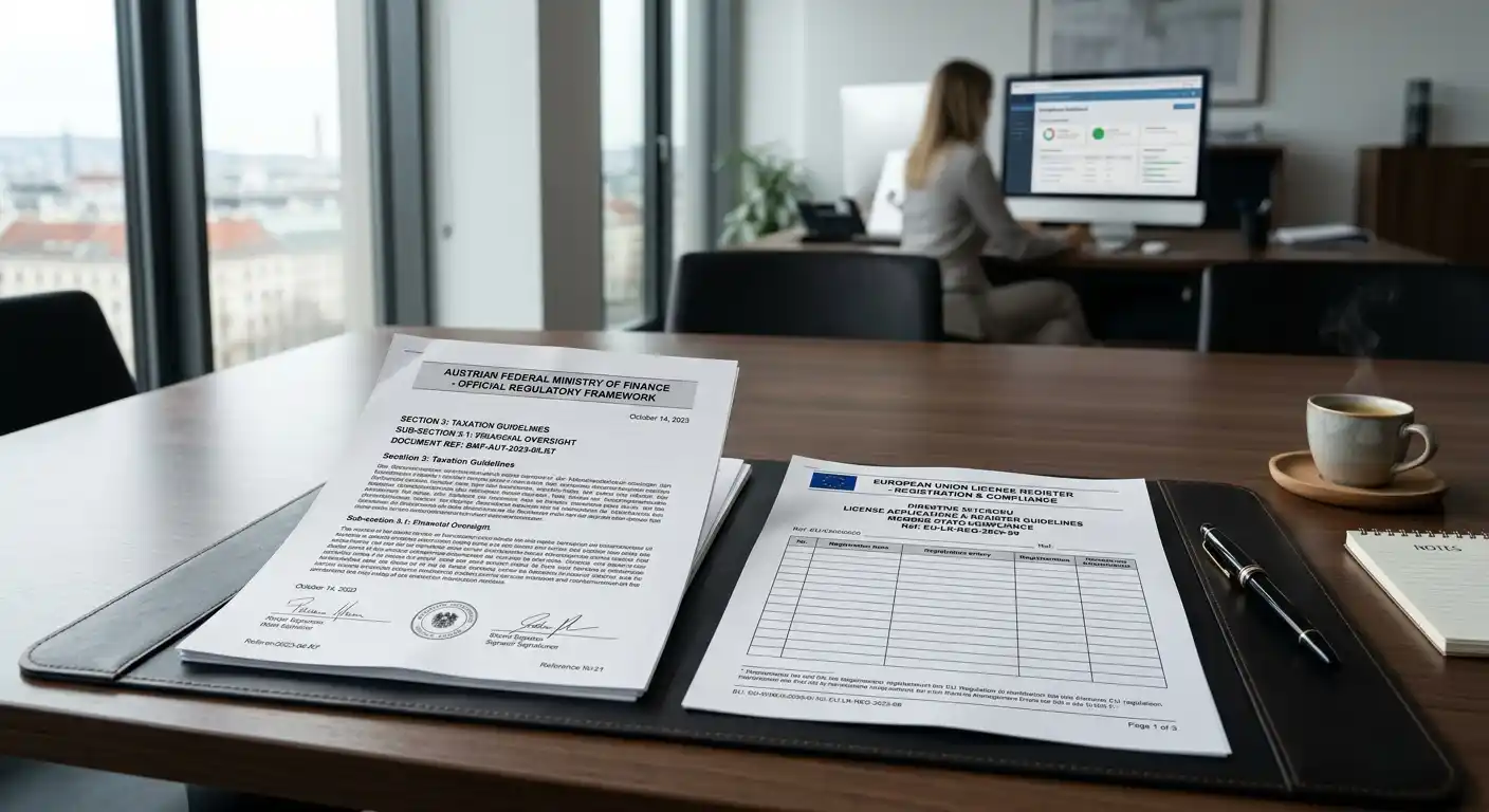 Österreichisches Bundesministerium für Finanzen Dokument und EU-Lizenzregister auf einem Tisch