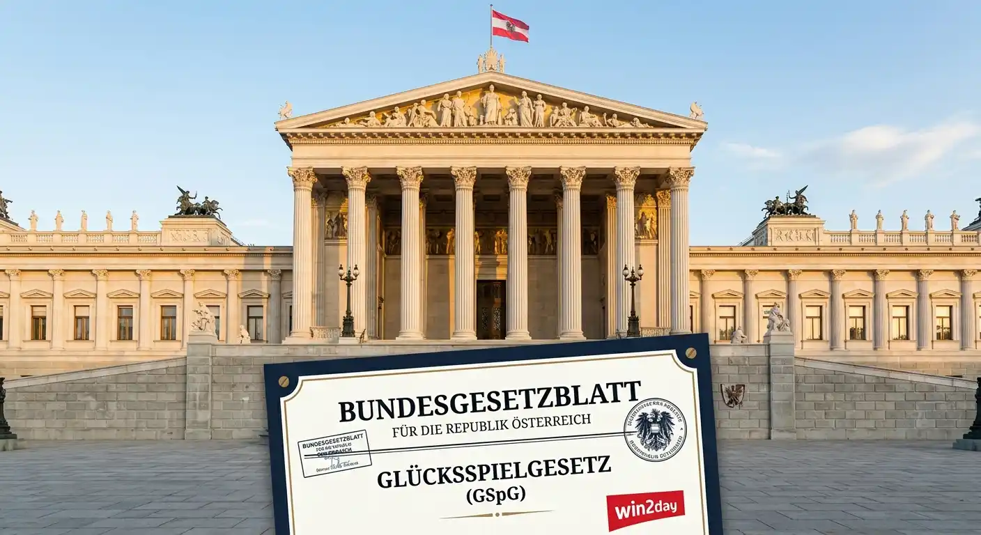 Österreichisches Parlamentsgebäude mit symbolischem Glücksspielgesetz-Dokument und win2day-Logo im Vordergrund