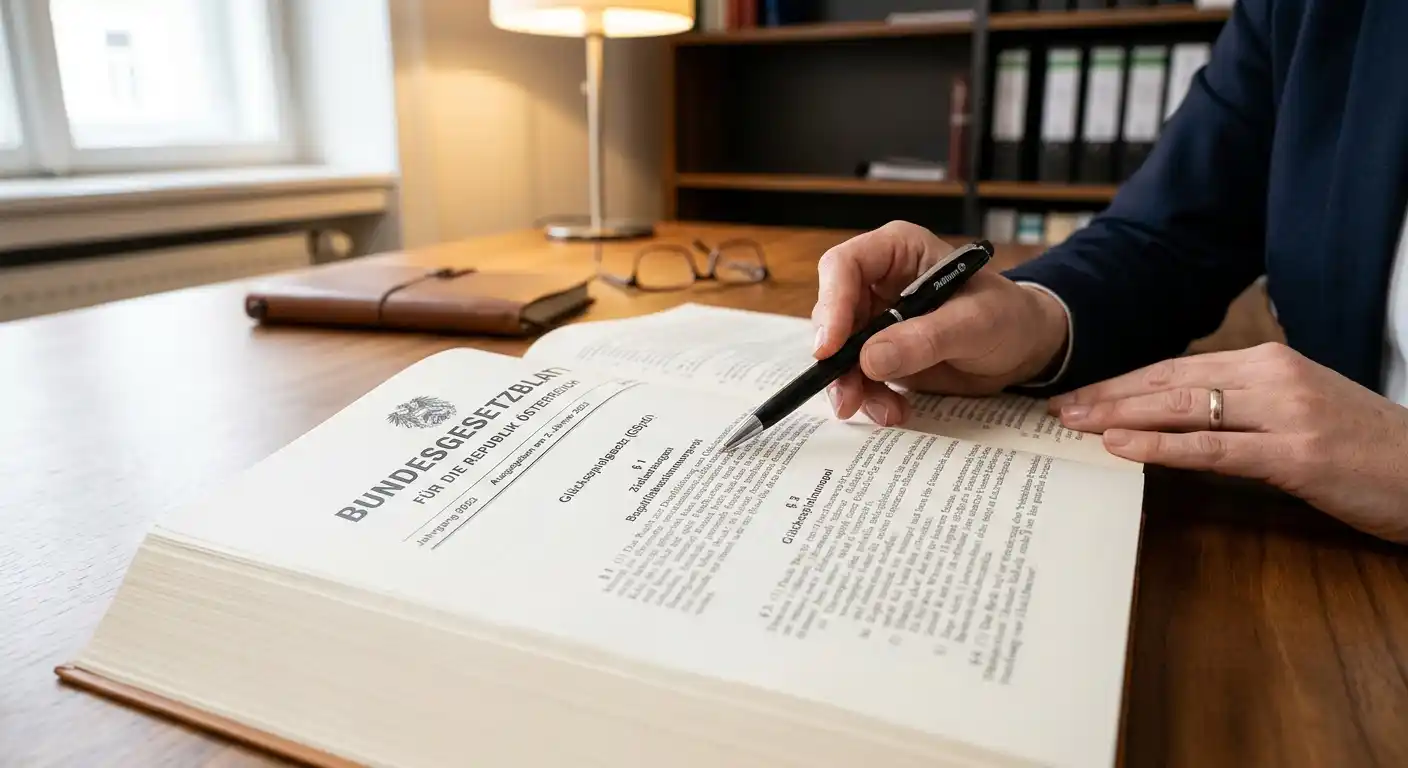 Österreichisches Glücksspielgesetz mit Paragraphentext auf Schreibtisch